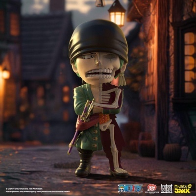 Figura colecionável meio esqueleto com casaco verde e chapéu preto à noite na vila