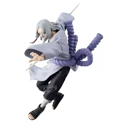 Figura de ação de personagem anime com cabelo cinzento e corda roxa nas costas