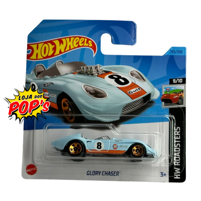 Carro Hot Wheels Glory Chaser azul claro com detalhes laranja e branco em embalagem