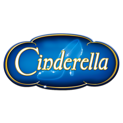Logótipo azul e dourado com texto Cinderella e sapato de salto alto translúcido.