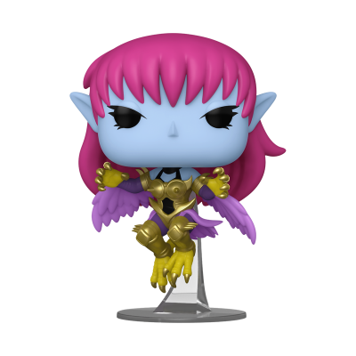 Figura Funko Pop personagem azul de cabelo rosa com armadura dourada e lilás