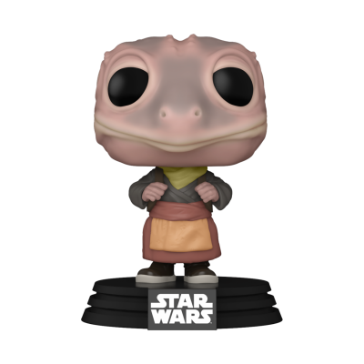 Figura Funko Pop Star Wars personagem rosa clara com roupas cinza e avental