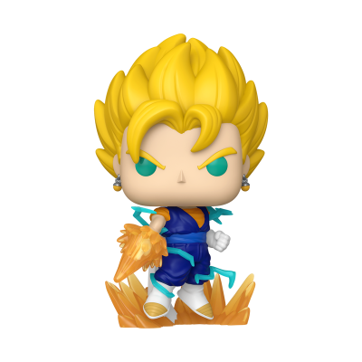 Figura Funko Pop com cabelo amarelo e roupa azul com detalhes laranja e branco, segurando esfera de energia laranja.