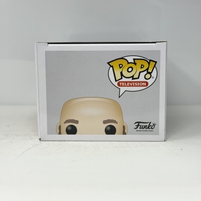 Caixa branca de Funko Pop Television com cabeça de figura sem cabelo