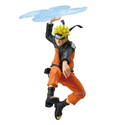 Figura de ação de personagem em roupa preta e laranja com cabelo amarelo e nuvem azul