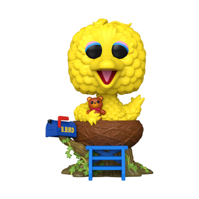 Boneco Funko Pop do Big Bird amarelo sentado num ninho com caixa de correio B.BIRD e escadinha azul