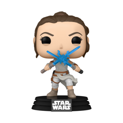 Figura Funko Pop Rey com sabres de luz azuis e base Star Wars
