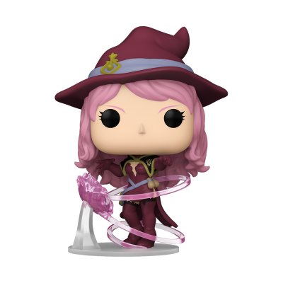 Boneco Funko Pop com cabelo rosa e chapéu lilás pontudo
