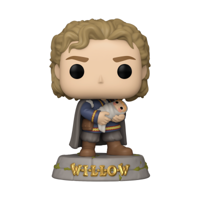 Figura Funko Pop do filme Willow com personagem loira a segurar um bebé numa base cinzenta com texto 'WILLOW'
