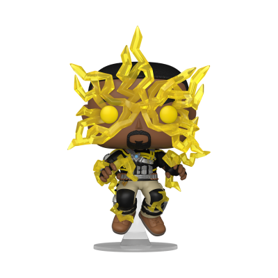 Figurinha Funko Pop com personagem de pele castanha e elementos amarelos translúcidos