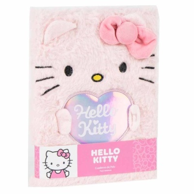 Caderno felpudo rosa com Hello Kitty segurando coração e faixa rosa