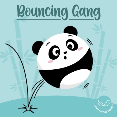Ilustração de panda redondo a saltar com expressão surpresa e fundo azul com bambus