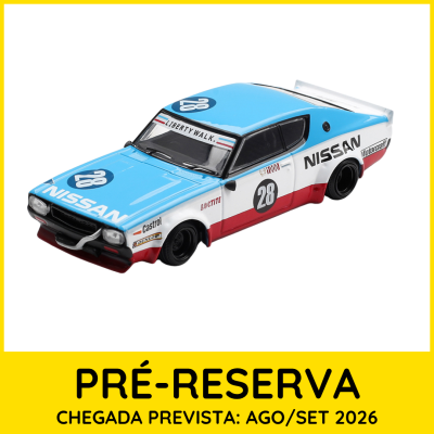 Miniatura de carro de corrida Nissan azul, branco e vermelho, número 28.