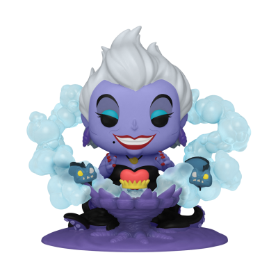 Figura estilo Funko Pop Ursula roxa com cabelo branco segurando taça roxa e cupcake amarelo e vermelho cercada por bolhas azuis