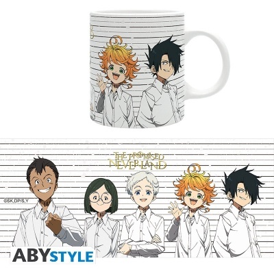 Caneca branca com personagens do anime The Promised Neverland