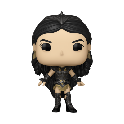 Figura colecionável Funko Pop de guerreira com cabelos pretos e roupa preta e dourada