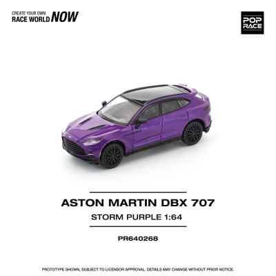 Miniatura de carro Aston Martin DBX 707 Storm Purple 1:64 em fundo branco