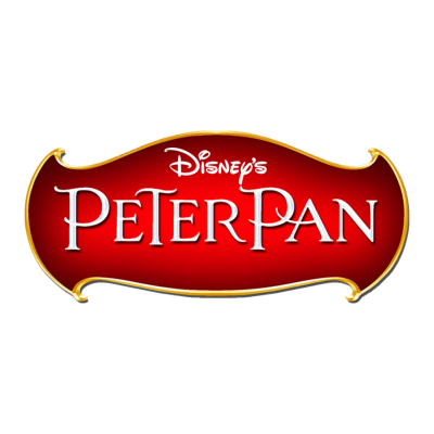 Logótipo Disneys PETER PAN em vermelho com letras brancas e bordo dourado.