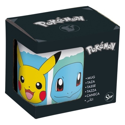 Caneca Pokémon com imagens de Pikachu e Squirtle na caixa preta