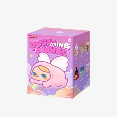 Caixa de brinquedo Pucky Flying Babies em tons rosa e lilás com desenho de bebé de peluche com asas