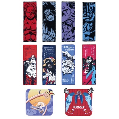 Marcadores de página e porta-copos com personagens de anime coloridos e texto em japonês e inglês