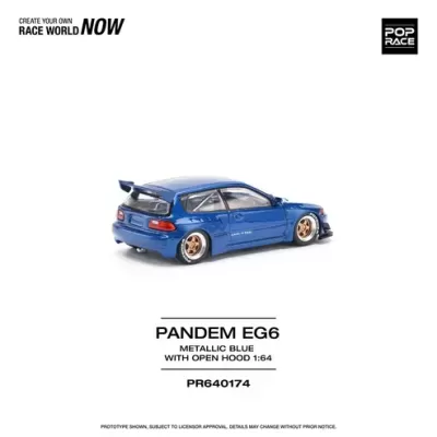 Miniatura de carro de corrida PANDEM EG6 azul metálico 1:64 com capô aberto