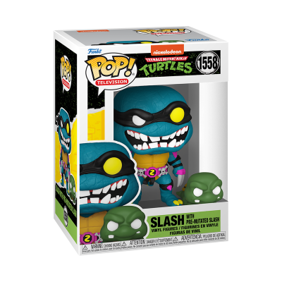 Caixa de figura Funko Pop! Teenage Mutant Ninja Turtles Slash com figura azul e pequena figura verde