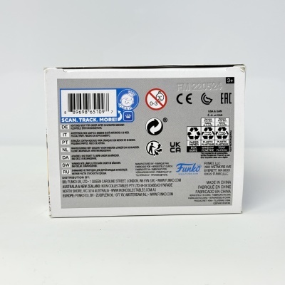 Caixa traseira de produto Funko Pop com etiquetas, códigos de barra e textos informativos