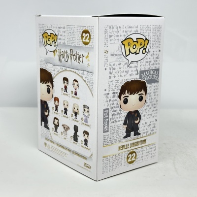 Caixa Funko Pop Harry Potter Neville Longbottom número 22 com imagens e texto