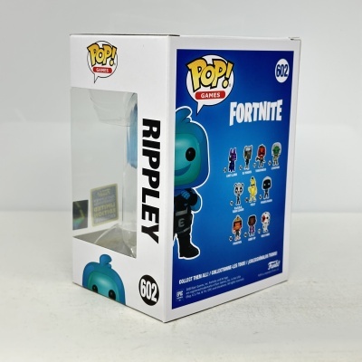 Caixa Funko Pop Fortnite Rippley número 602 azul e branca