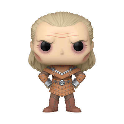 Figura Funko Pop com cabelo loiro e armadura castanha