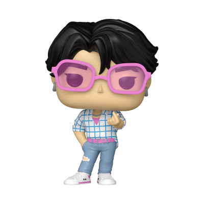 Figura Funko Pop com cabelos pretos, óculos rosa, camisa quadriculada, jeans e sapatilhas