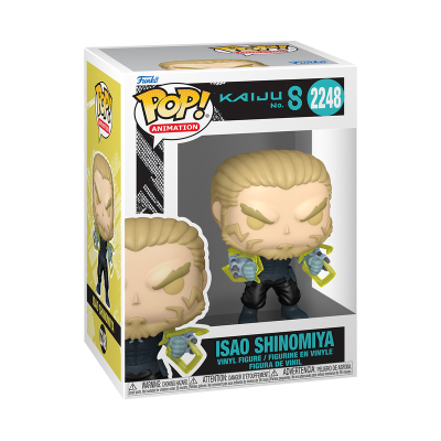 Funko POP! Animation figura vinil Isao Shinomiya com cabelo loiro e roupa preta numa caixa branca com detalhes amarelos