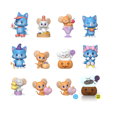 Figuras colecionáveis coloridas de gatos e ratos em várias poses com acessórios temáticos.