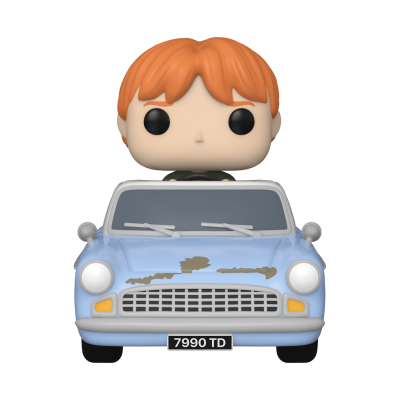 Figura Funko Pop num carro azul claro com matrícula 7990 TD