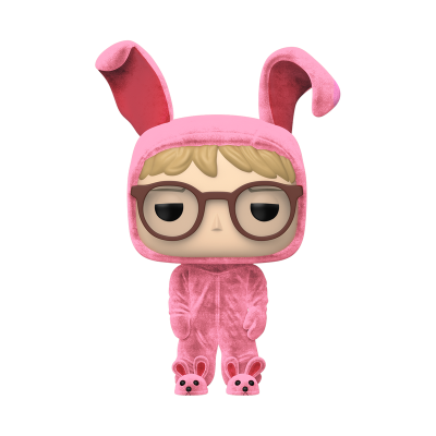 Figura de vinil vestida com roupa rosa de coelho e óculos