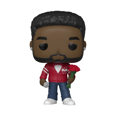 Figura Funko Pop com casaco vermelho e rosas vermelhas