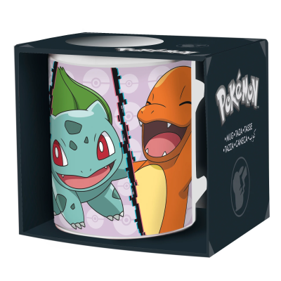 Caneca Pokémon com Bulbasaur e Charmander em caixa preta