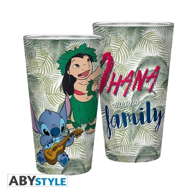 Dois copos com padrão de folhas verdes, personagens Lilo e Stitch e texto 'Ohana means family'.