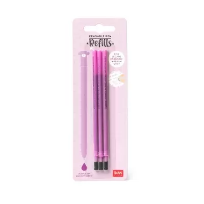 Recargas para caneta apagável de tinta roxa em embalagem rosa com pontos pequenos
