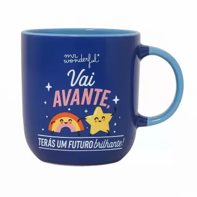 Caneca azul com texto motivacional e ilustrações coloridas