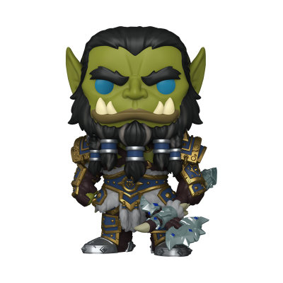 Boneco Funko Pop orc com armadura azul e dourada e arma detalhada