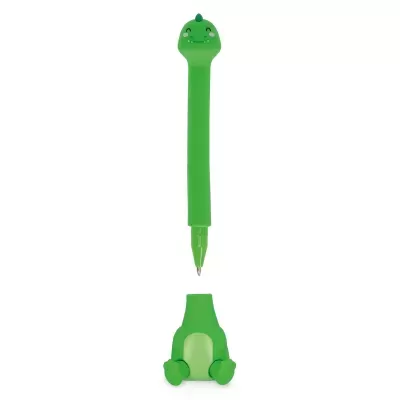 Caneta verde em forma de dinossauro com tampa com patas