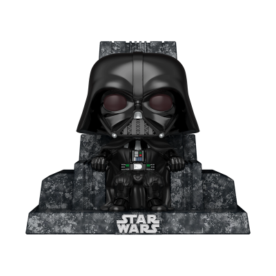 Figura colecionável de Darth Vader sentado num trono com logo Star Wars