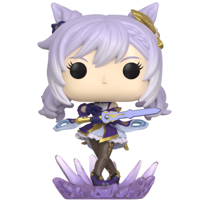 Boneco colecionável Funko Pop com cabelo lilás e roupa roxa e dourada segurando espada