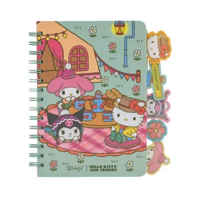 Caderno espiral Hello Kitty e amigos com abas coloridas e ilustração de piquenique