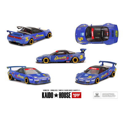 Miniaturas de carro desportivo azul com detalhes amarelos, número 5 e logótipos Tamiya, Honda, Kaido House, Mini GT.