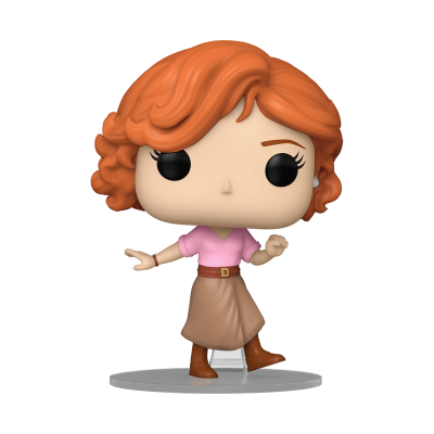 Figura Funko Pop de mulher com cabelo laranja, camisa rosa e saia castanha