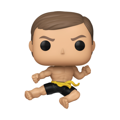 Figura Funko Pop de personagem masculino em pose de ataque com calções pretos e faixa amarela.