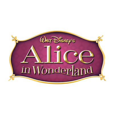 Logótipo de Alice in Wonderland com moldura dourada e fundo vinho